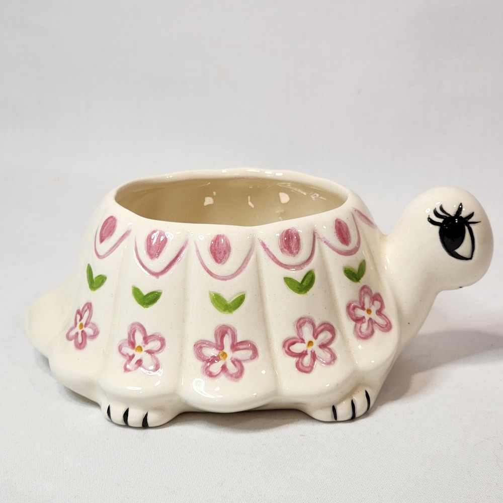 Vintage Ceramic Turtle Planter Pink Floral Hand Painted Succulent Pot Kitsch 6in